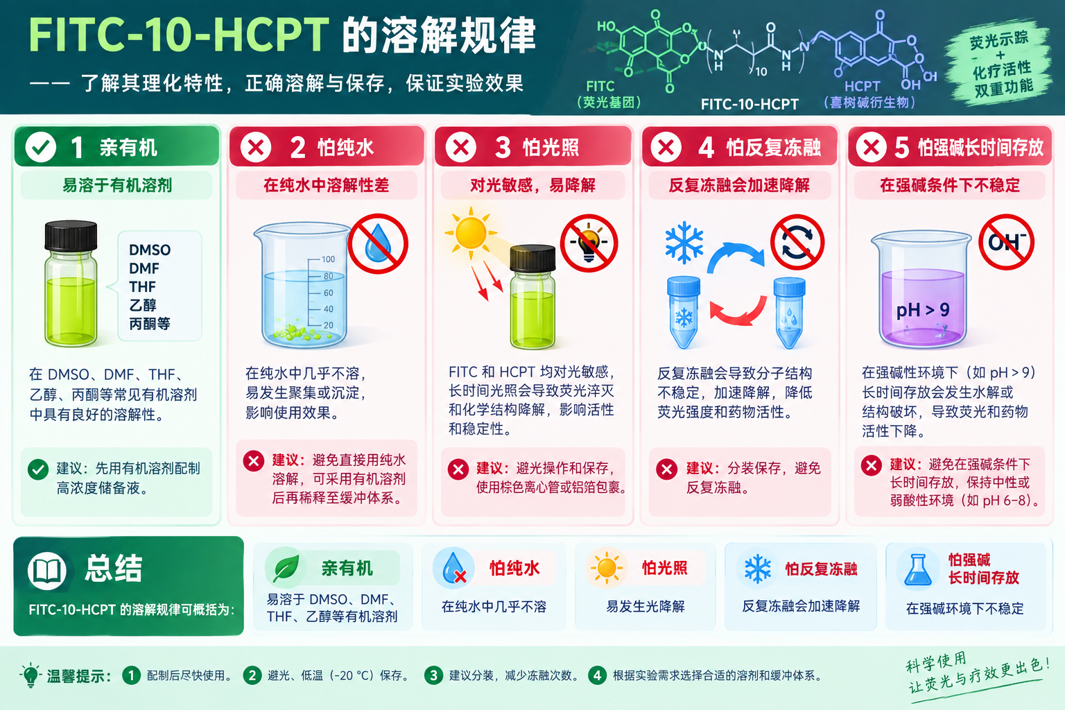 FITC-10-Hydroxycamptothecin，绿色荧光素标记10-羟基喜树碱的溶解与配制方法