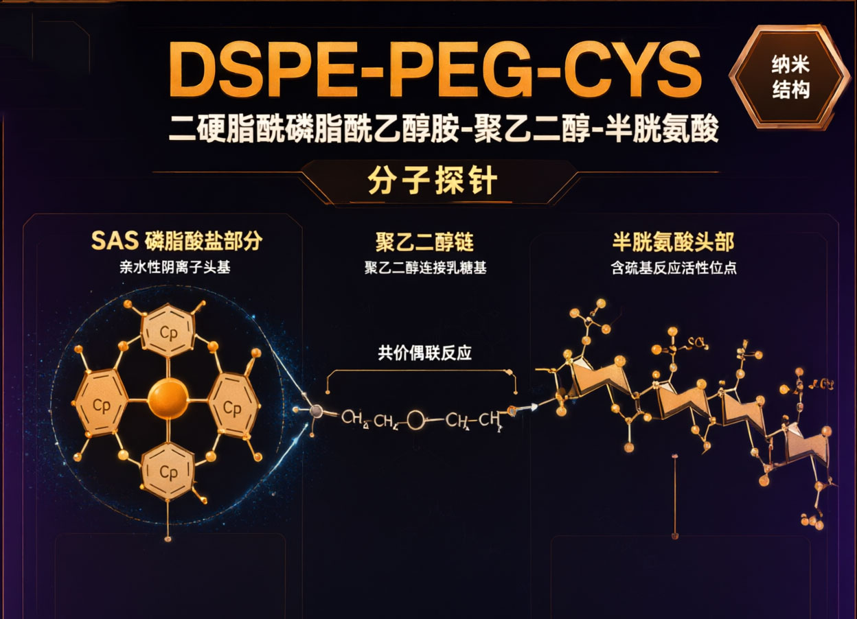 DSPE-PEG-CYS，二硬脂酰磷脂酰乙醇胺-聚乙二醇-半胱氨酸，形成具有巯基反应活性的纳米结构
